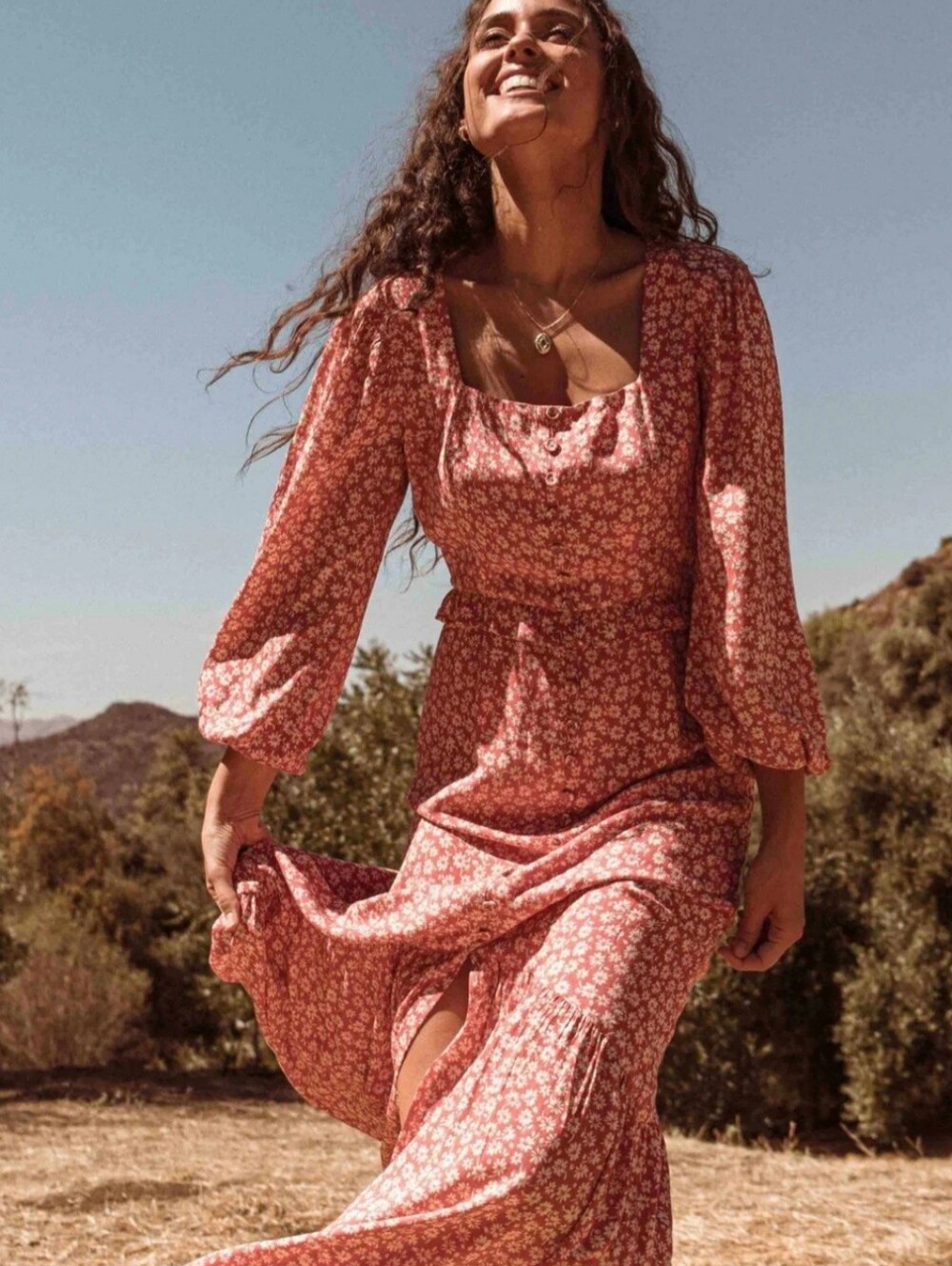 $118 Lost + Wander Floral Lobg Sleeve Peasant Dress